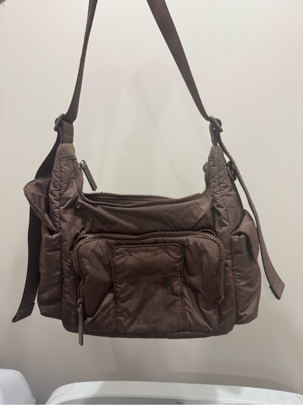Calpak Chocolate Brown Quilted Nylon Shoulder Crossbody
